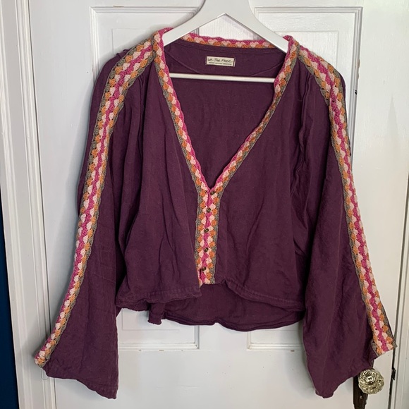 Free People We the Free Crochet Trimmed Oversize Tee Top W-909 Sz M - Picture 6 of 12